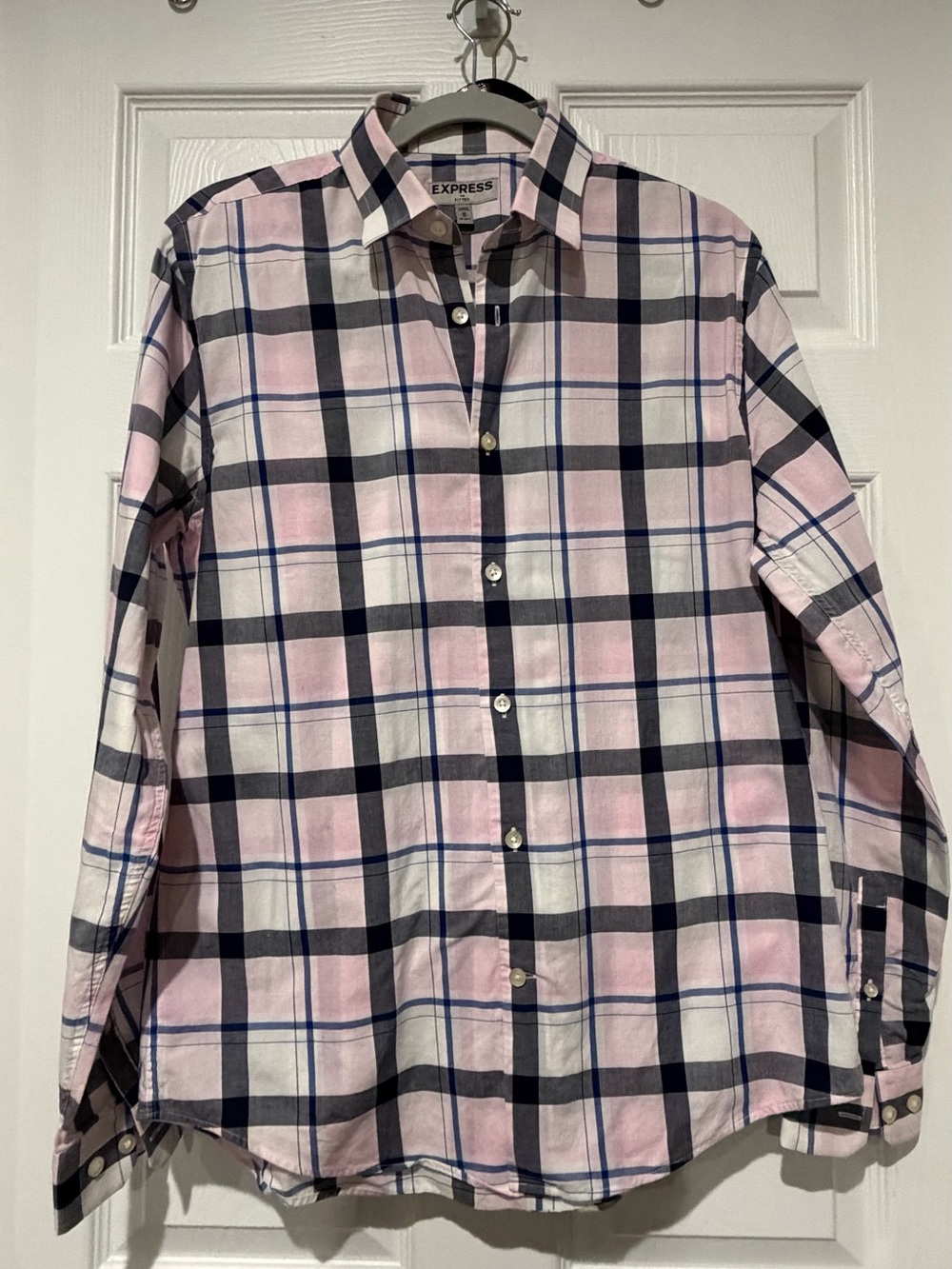 Express Men's Pink, Navy & White Plaid Button-Down Shirt